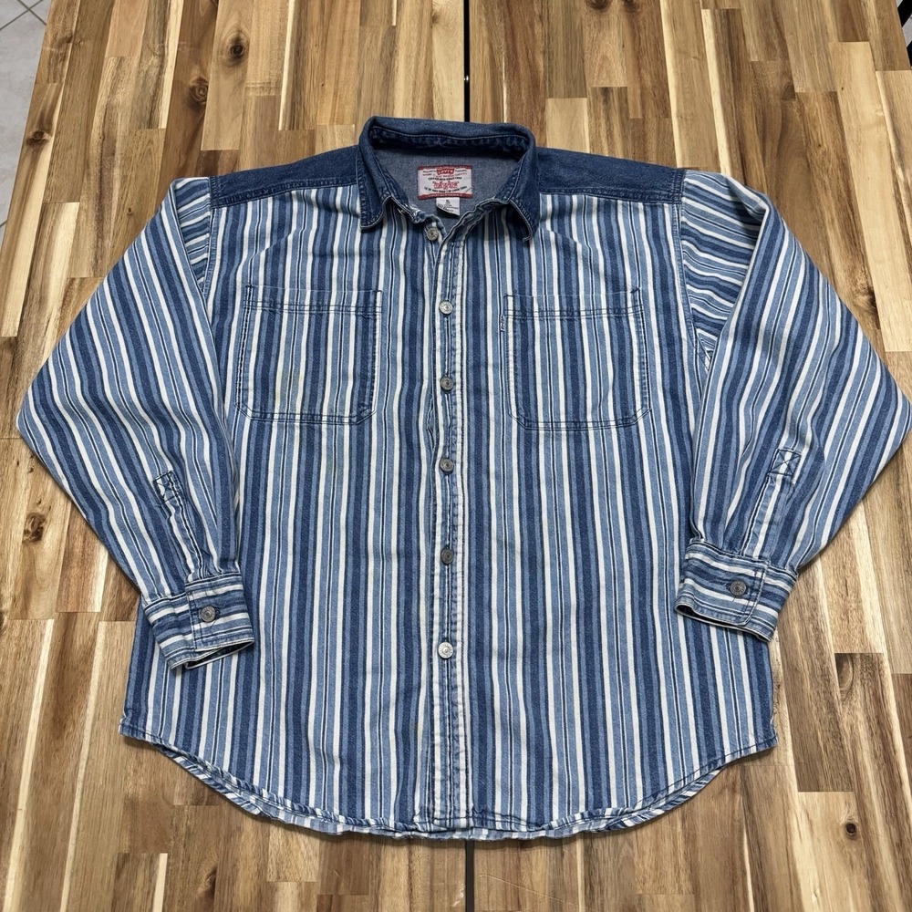 Vintage Levis Shirt Mens XL Denim Striped Long Sleeve Button Up Western 90s